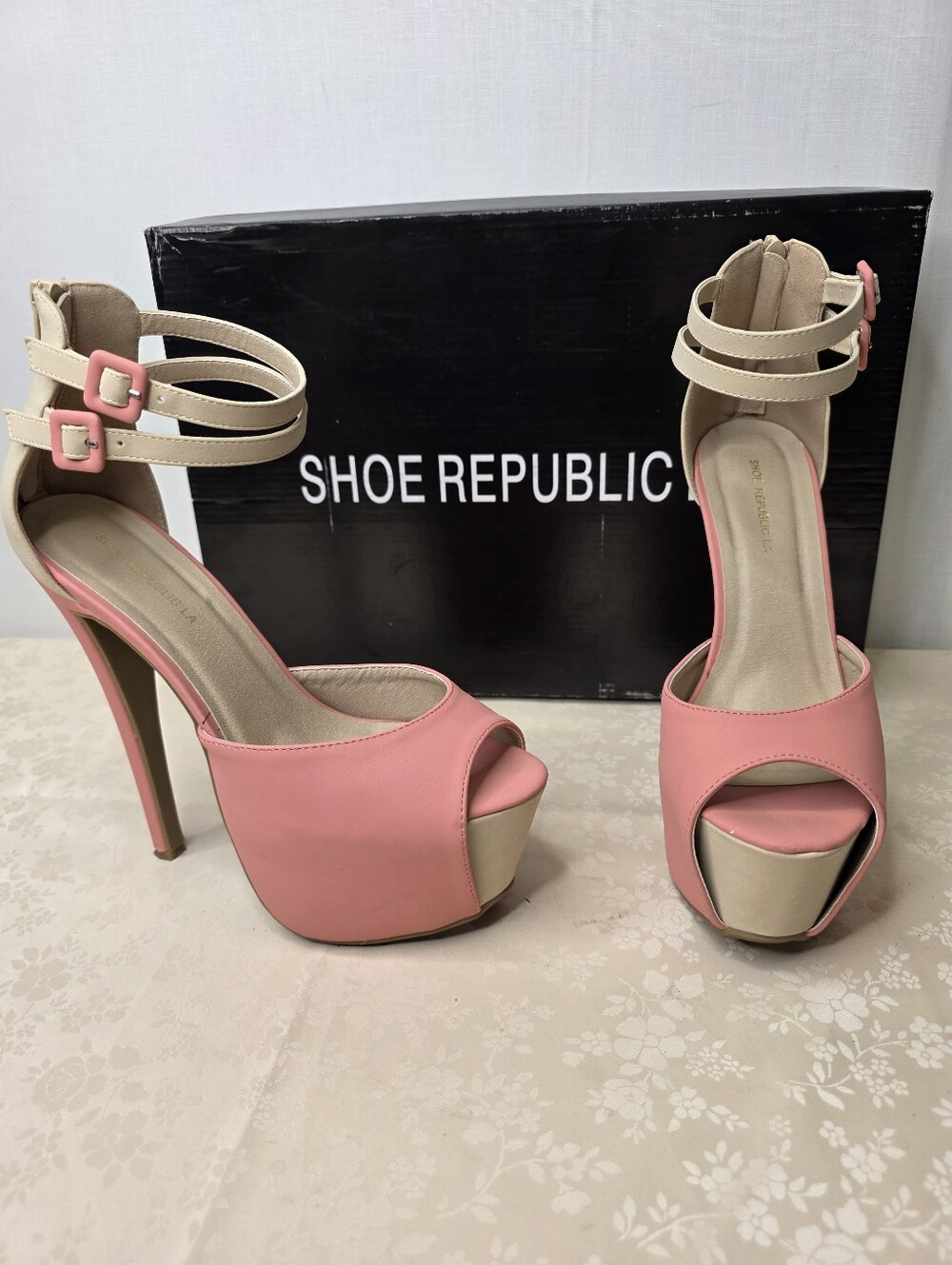 Shoe Republic LA Reeves Pink Platform Heels Ankle Strap Pumps Size 7.5